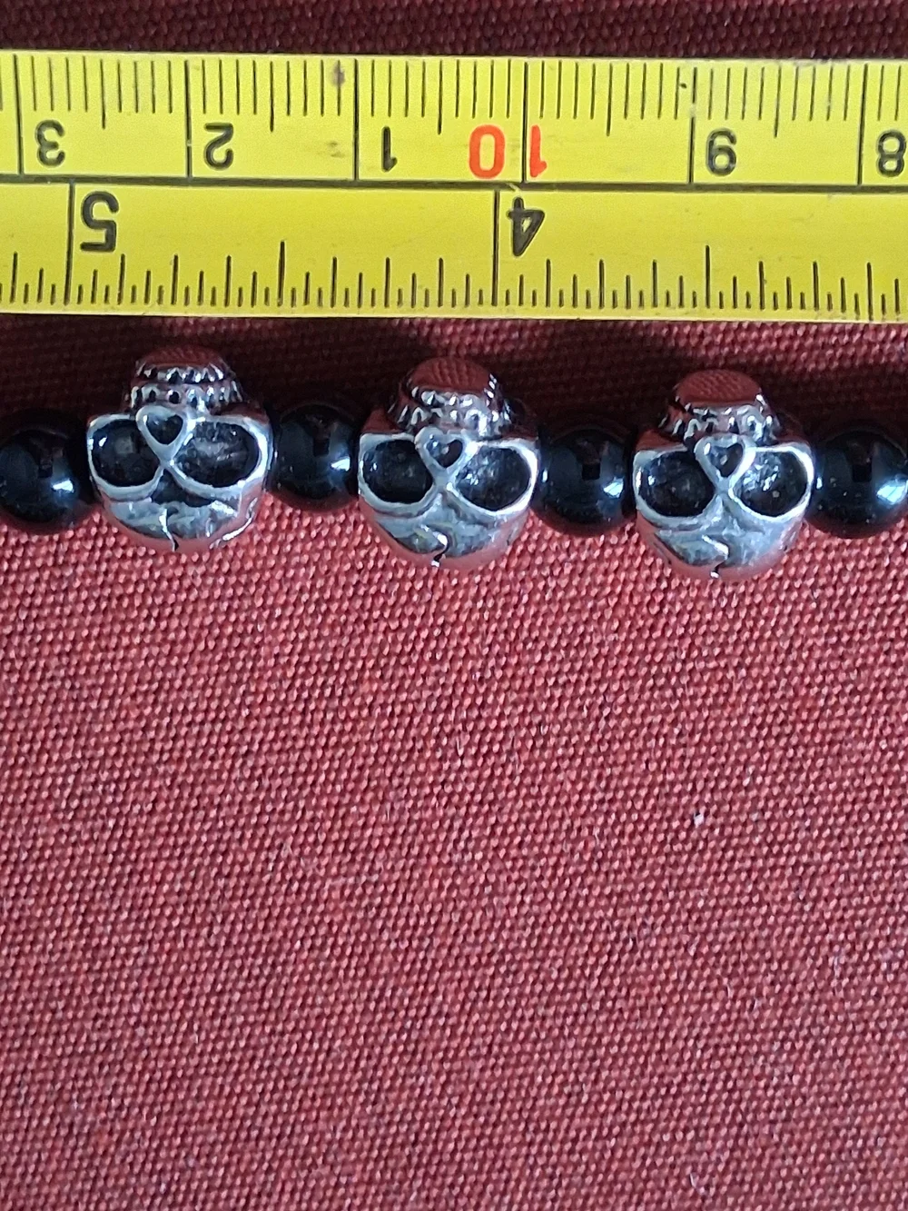 Gothic Unisex Onyx Beaded Bracelet Silver Skull Men's Signed HAN SS Biker